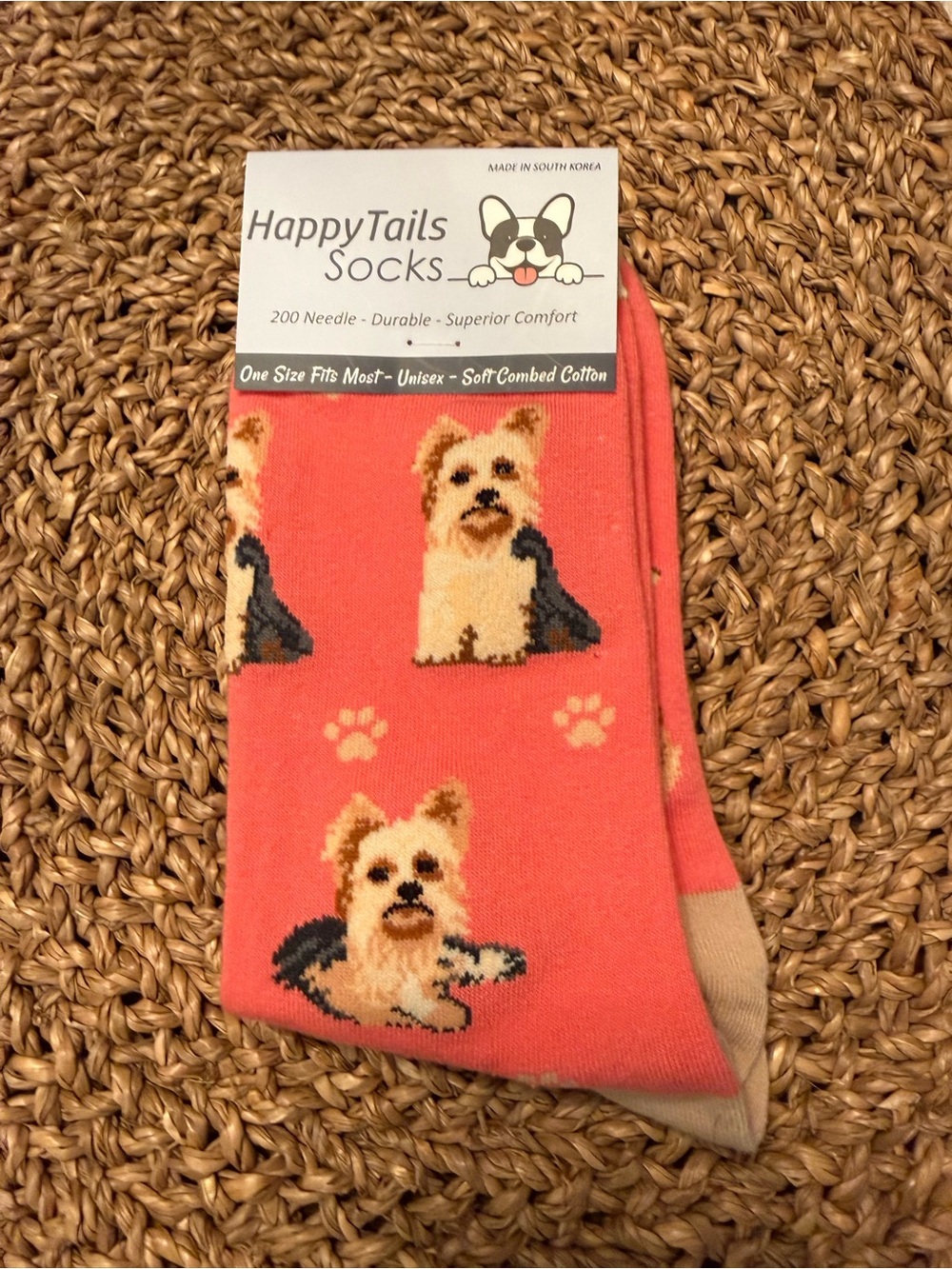 Happy Tails Yorkshire Terrier Yorkie Novelty Crew Socks Coral Pink Unisex - Picture 2 of 3